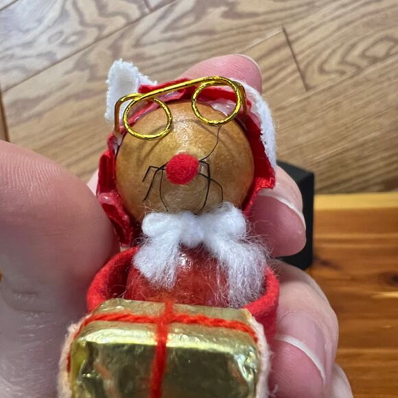 Vintage Christmas Ornament Wooden Mouse Mrs. Claus Handmade MCM - Picture 2 of 9